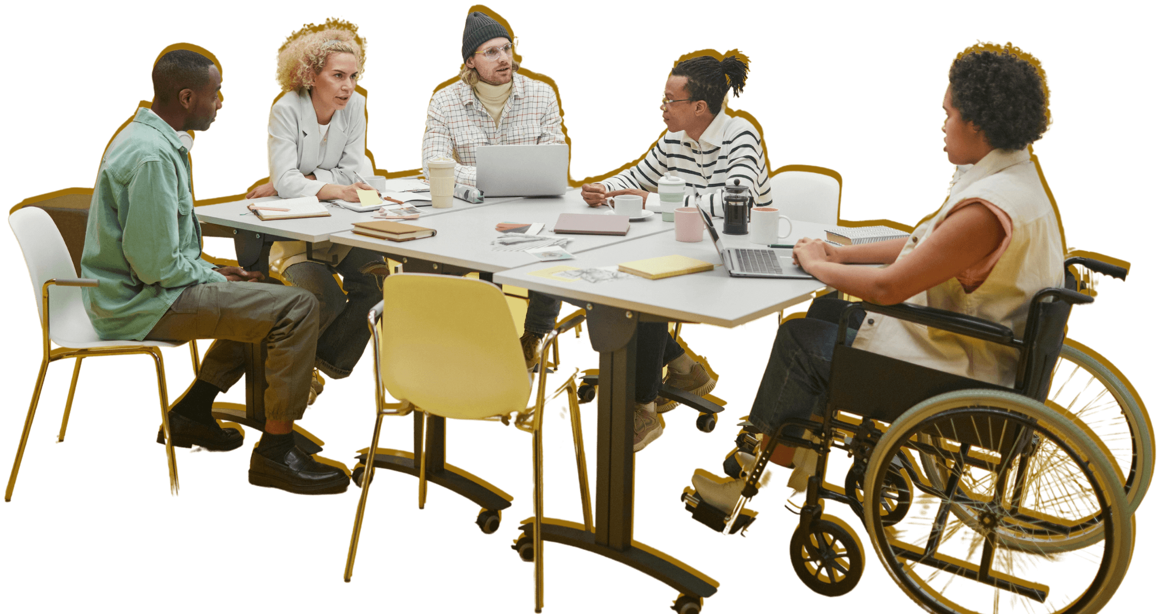 A team is working collaboratively on a big table in an office, sharing ideas and innovating together.